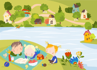 Naklejka premium Kids reading Book in Meadow in countryside village surrounded by a garden and trees