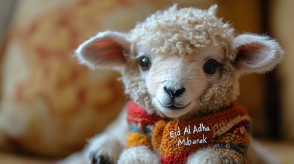 Adorable lamb wearing a knitted scarf, smiling.