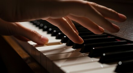 Fototapeta premium Close-up of a Hand Playing Piano Keys, Musical Performance, Elegant Piano Keys, Dark Background, Low Light Photography