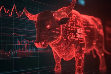 Digital bull representing strong stock market growth and financial optimism in a high-tech environment