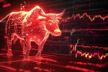 Digital bull representing strong stock market growth and financial optimism in a high-tech environment