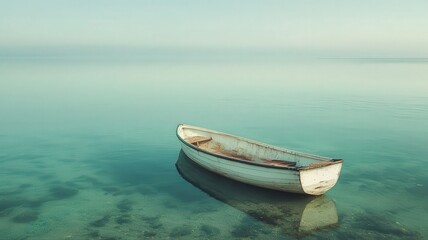 Abandoned White Boat On Tranquil Turquoise Water
