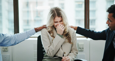 Sad woman, meeting and support group with team at office for rehabilitation, empathy or care. Female person, employee or crying with community for understanding, sympathy or safe space at workplace