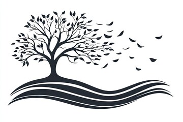 Silhouetted tree on a wavy horizon, windy day.