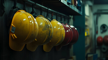 Obraz premium Row of Hard Hats Hanging on a Wall