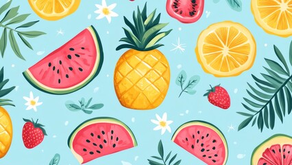 Vibrant Summer Fruits on Light Blue Background; Pineapple, Watermelon