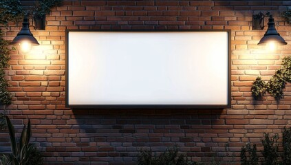 Blank billboard on brick wall at night, illuminated by lamps. Lush greenery around