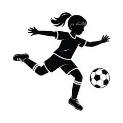 Silhouette of Young Girl Kicking Soccer Ball, Female Football Player Vector Illustration on White Background

