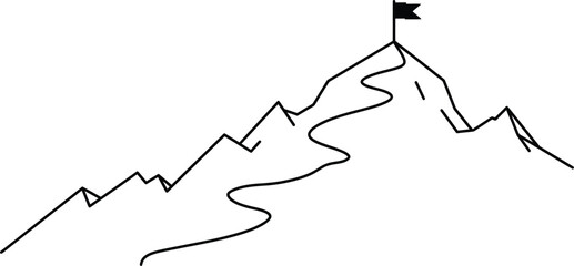 Mountain Path to Success: Outlined Trail with Flag