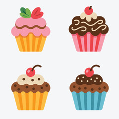 Colorful cartoon cupcakes with cherries and frosting, vector dessert illustration set on white background
