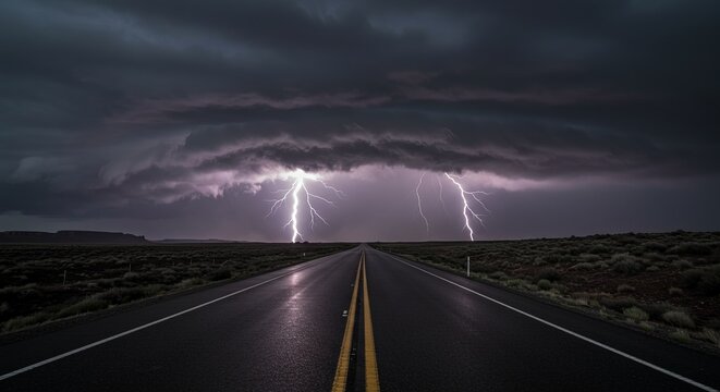 Asphalt road under dramatic lightning storm