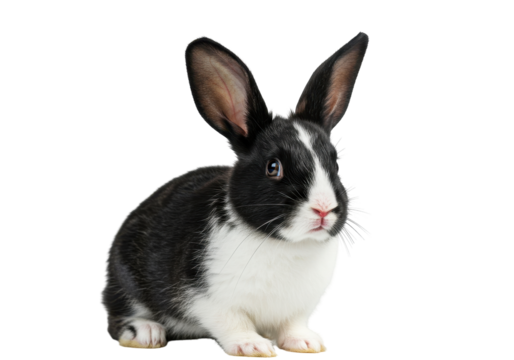 Small, black and white rabbit with large ears is  isolated on transparent png