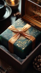 Dark green gift box with gold ribbon inside wooden case.