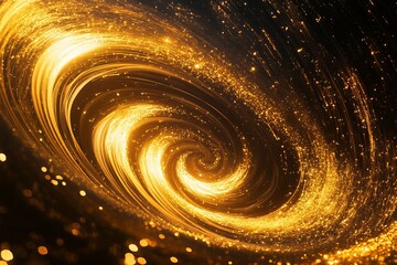 Golden swirling vortex of glitter particles forming a glowing spiral galaxy shape in space with dynamic motion and light trails