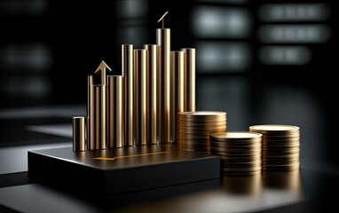 Gold chart and coins on a dark platform