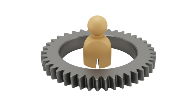 Isolated Wooden Figure Trapped Inside Cogwheel