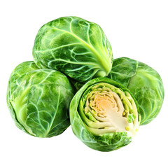 Fototapeta premium Trio of fresh green cabbages displayed together highlighting their round shape and leafy texture in natural light isolated on transparent background..