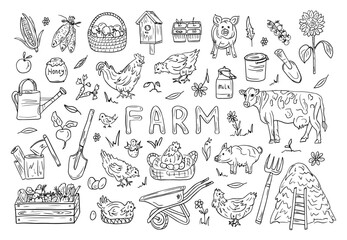 Vector set of hand-drawn illustrations about Farm life, agriculture, cattle breeding, animals, Ecological Products, harvesting. Organic products, Natural food, design of books about agriculture.