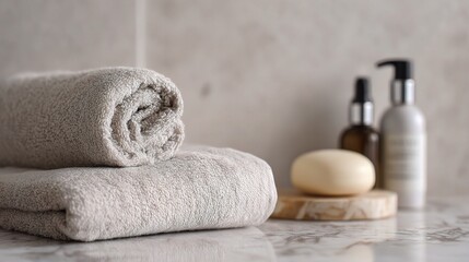 Soft Linen Bath Towels with Spa Products on Natural Surface