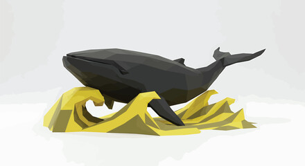 Black Polygonal Whale with Yellow Wave