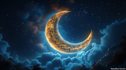 Glowing crescent moon with calligraphy in night sky.