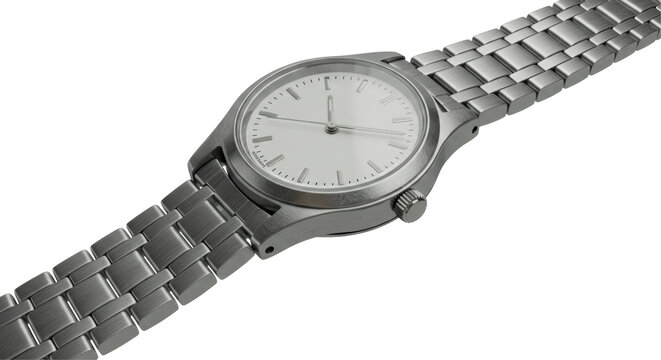 Isolated Elegant Silver Wristwatch with Metal Band
