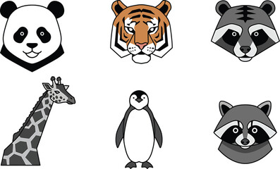Geometric Animal Icons: Panda, Tiger, Giraffe, Penguin, Raccoon