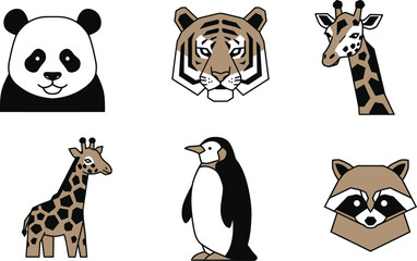 Fototapeta premium Geometric Animal Icons: Panda, Tiger, Giraffe, Penguin, Raccoon