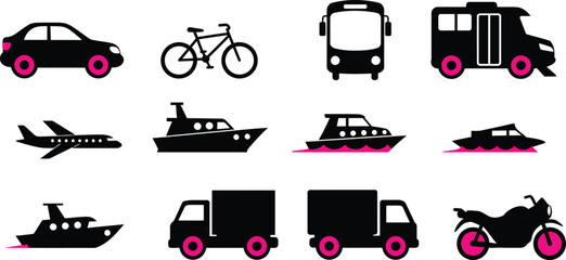 Black Transport Icons: Car, Bike, Boat, and More