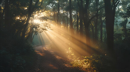 Obraz premium Sunbeams Streaming Through Misty Forest Path