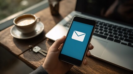 Email app on smartphone with laptop and coffee at work desk
