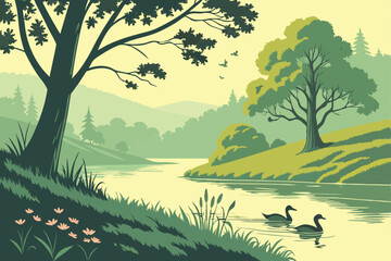 36 nature landscape, serene lake with ducks, green lush forest, morning light, vibrant colors, digital painting, detailed, cinematic, photorealistic