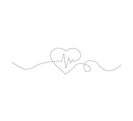 Continuous line drawing of heart with heartbeat. Pulse trace. Cardiogram icon. One line drawing. Vector illustration.