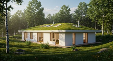 Obraz premium Ecofriendly home nestled among trees bright roof