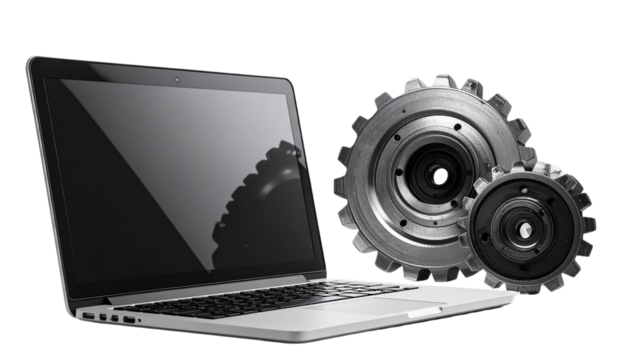 Laptop with gear isolated on transparent background  - Powered by Adobe