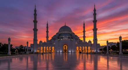 Obraz premium Stunning mosque at sunset, illuminated facade, reflected on a paved courtyard
