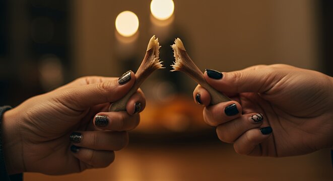 Two Hands Breaking a Wishbone: A Shared Moment of Hope and Anticipation