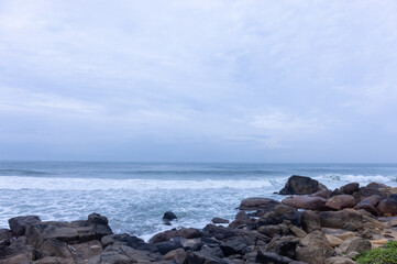Beach landscape, Beautiful arial view of beach with sea waves and coconut trees. Nature scenery. 