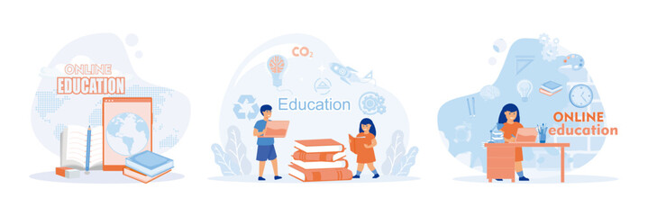 Online Education Concept. Books and Science Symbols. Student at Desk Studying.