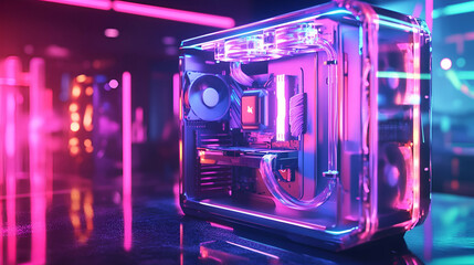 Obraz premium Transparent PC Case with Glowing Neon Lights