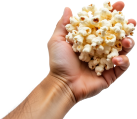 Exciting movie snack experience male hand holding popcorn indoor setting food photography close-up view