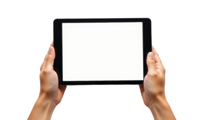 Hands holding tablet for digital learning home office technology bright environment close-up view modern concept