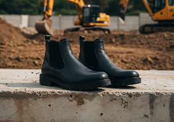 Elevated black boots against construction backdrop showcasing urban style