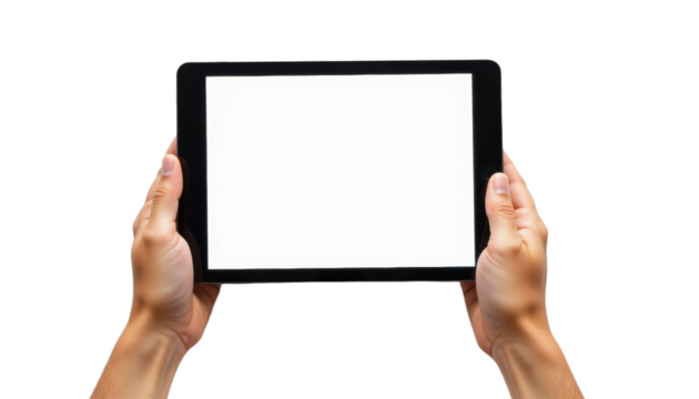 Hands holding tablet for digital learning home office technology bright environment close-up view modern concept