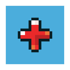 Fototapeta premium Pixel art red cross symbol on blue background representing medical aid and assistance