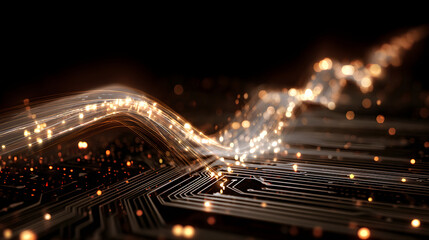 Digital wave flowing across circuit board with glowing elements