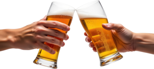 Celebratory toast with two hands clinking beer glasses in a joyful setting capturing friendship and togetherness