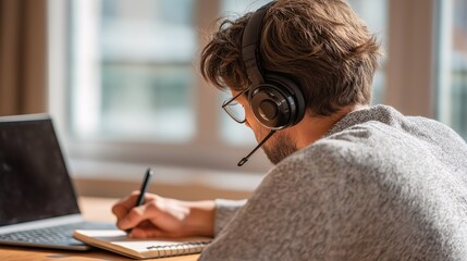 Remote worker with headset taking notes during online meeting