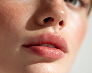 Fototapeta premium Close-up of lips of a fair-skinned woman with sensitive skin, no make-up, natural light, communicating skin health and sincerity.