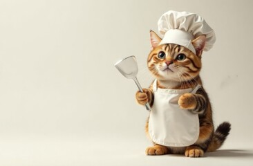 kitten in a chef's hat with a ladle in its paw on a light background with space for text